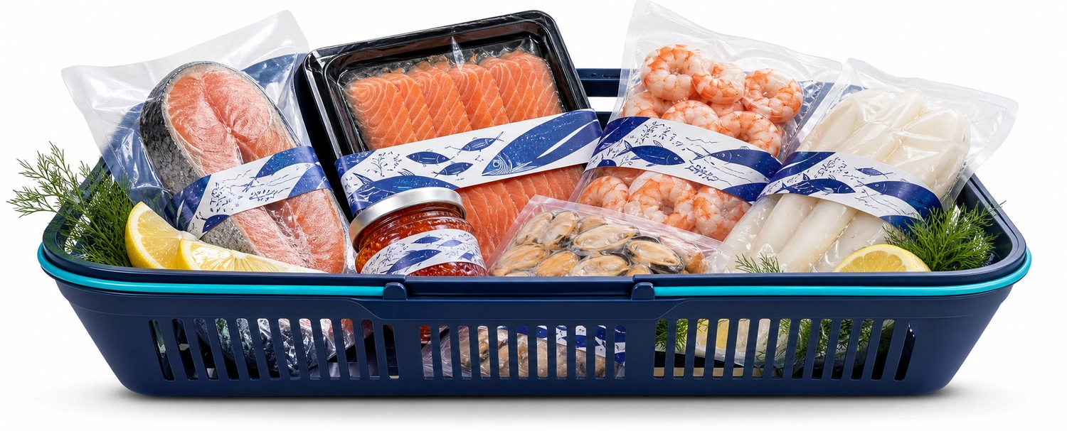 Корзина с морепродуктами, рыбой и икрой 7 Морей