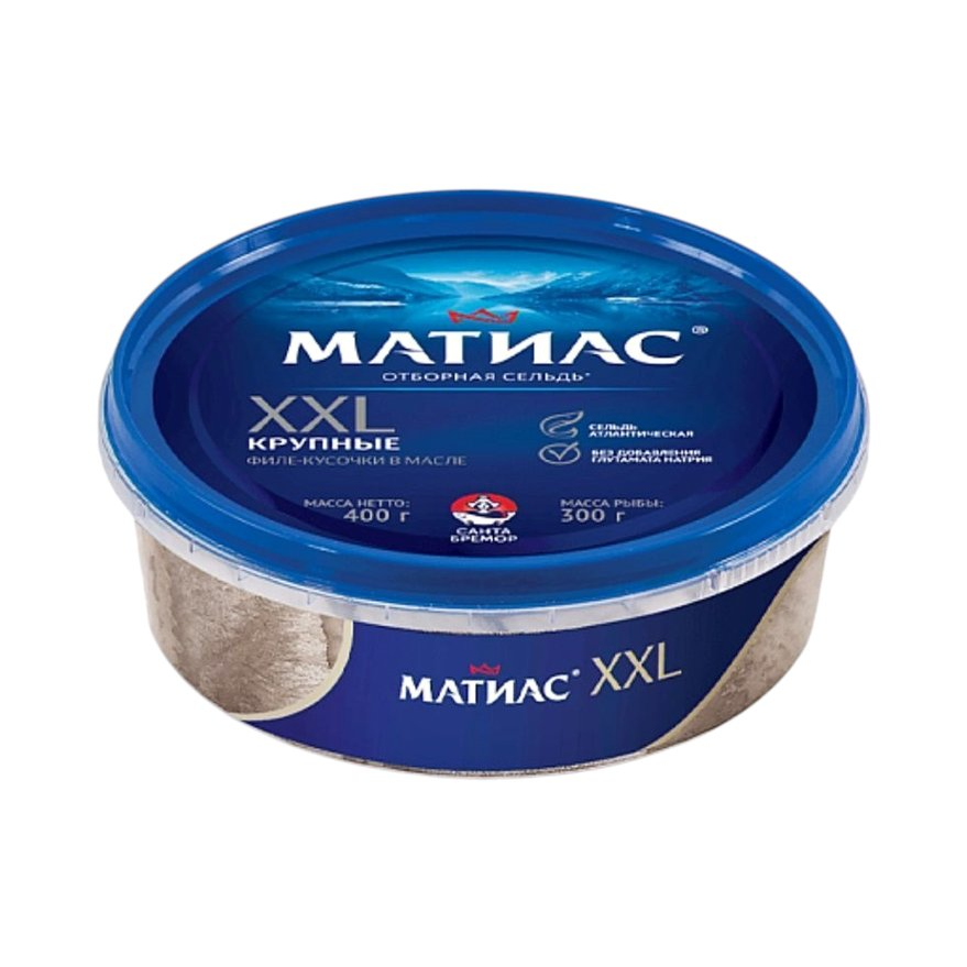 Сельдь Матиас XXL, филе-кусочки в масле, 400 г
