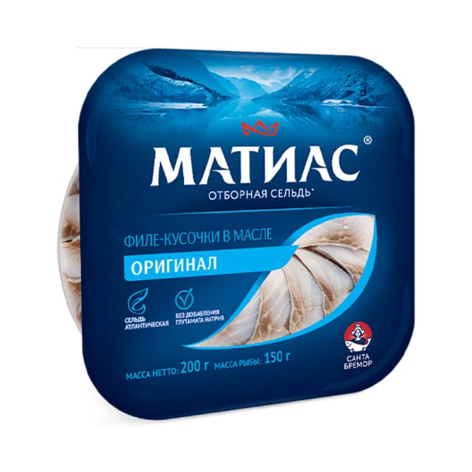 Сельдь Матиас Оригинал, филе-кусочки в масле, 200 г